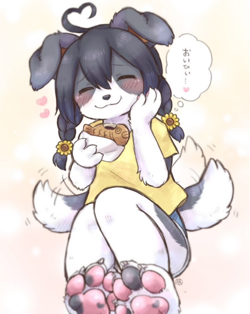 4_fingers 4_toes accessory ahoge anthro barefoot black_hair black_nose black_pawpads blush braided_hair claws clothed clothing daww eating eyes_closed feet female female_anthro finger_claws fingers floppy_ears flower flower_in_hair food fur grey_body grey_fur hair hair_accessory hair_heart hand_on_cheek hand_on_face happy heart_symbol holding_food holding_object kemono mouth_closed multicolored_body multicolored_fur multicolored_pawpads pawpads paws pigtails pink_pawpads plant shirt smile solo t-shirt tail tail_motion tailwag taiyaki text text_with_heart thought_bubble toe_claws toes topwear two_tone_body two_tone_fur white_body white_fur young young_anthro young_female koto0v0haru cotorita border_collie canid canine canis collie domestic_dog herding_dog mammal pastoral_dog sheepdog 2021 digital_media_(artwork) hi_res japanese_text signature translated