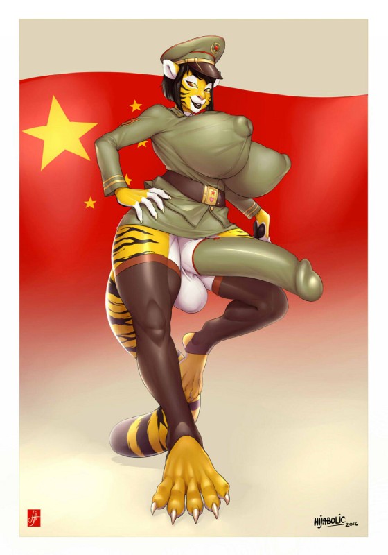 anthro balls belt big_balls big_breasts big_penis biped breasts china claws clothed clothing cock_sock communism erection footwear genitals gynomorph hair hat headgear headwear huge_breasts huge_penis hyper hyper_genitalia hyper_penis intersex legwear looking_at_viewer nipples penis penis_clothing politics socks solo hijabolic baojun felid mammal pantherine tiger hi_res