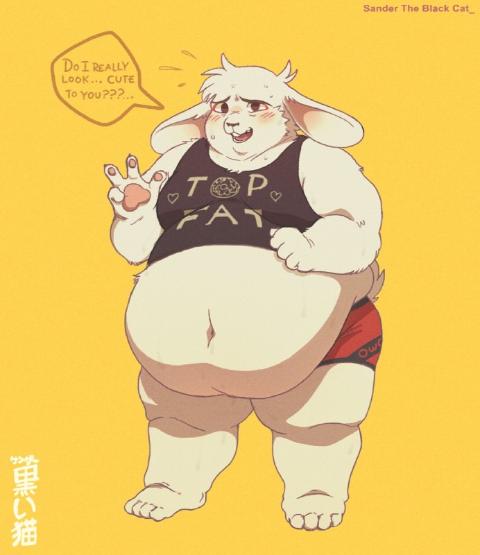 anthro arms_bent belly belly_overhang big_belly blush bodily_fluids boxers_(clothing) chubby_cheeks clothed clothing dialogue emoticon emoticon_on_boxers emoticon_on_clothing emoticon_on_underwear flying_sweatdrops fur hand_on_belly hand_on_own_belly heart_symbol male midriff moobs navel obese obese_anthro obese_male open_mouth open_smile overweight overweight_anthro overweight_male owo print_boxers print_clothing print_shirt print_tank_top print_topwear print_underwear shirt short_snout shy simple_background smile snout solo speech_bubble standing straight_legs sweat sweatdrop tank_top text text_on_boxers text_on_clothing text_on_shirt text_on_tank_top text_on_topwear text_on_underwear text_print thick_thighs topwear underwear white_body white_fur yellow_background floopycatwalk top_kek lagomorph leporid mammal rabbit english_text hi_res