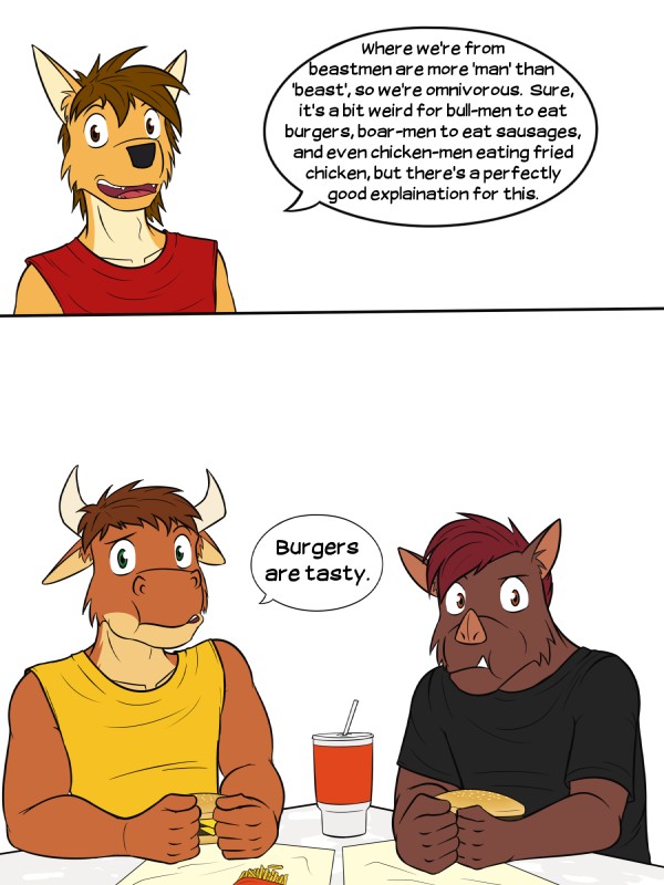 anthro beef beverage burger cheeseburgers clothed clothing container cup dialogue drinking_straw eating food fries furry_confusion group hamburgers horn humor male meat simple_background sitting speech_bubble text white_background fuze texnatsu jorge_san_nicolas mond_reyes ty_conrad bovid bovine canid canine canis cattle coyote mammal suid suine sus_(pig) wild_boar 3:4 english_text hi_res