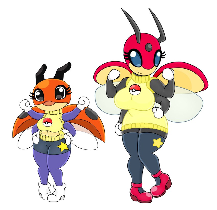 4_arms antennae_(anatomy) anthro big_breasts black_body black_eyes blue_body blue_eyes bottomwear breasts clothing duo female footwear legwear multi_arm multi_limb pokeball shoes shorts simple_background smile standard_pokeball star sweater topwear white_background wings urusee584 nintendo pokemon arthropod generation_2_pokemon insect ledian ledyba pokemon_(species) hi_res