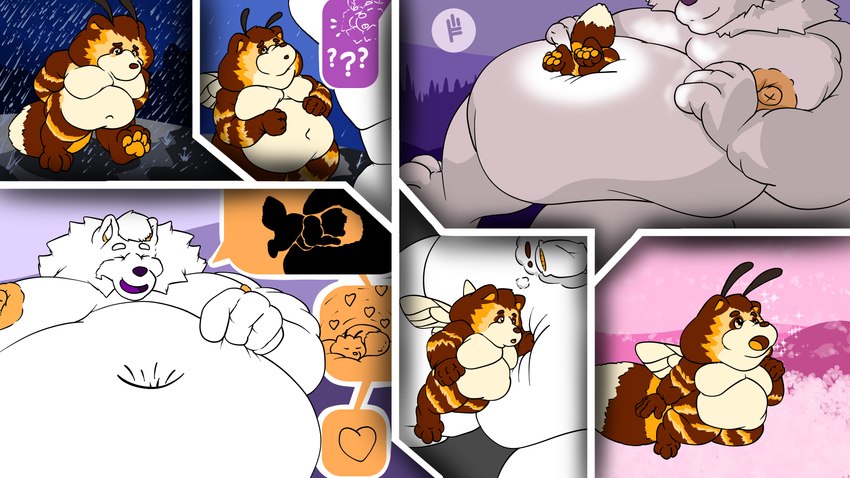 amazed antennae_(anatomy) anthro barazoku belly belly_press big_belly crawling dialogue duo endosoma entering exclamation_point eyes_closed fur gesture hand_gesture huge_belly hyper in_awe kemono larger_male looking_down looming male micro moobs navel_vore nipples obese obese_anthro obese_male open_mouth overweight overweight_anthro overweight_male pawpads pillow pink_background pocket_dimension pointing pointing_at_belly question_mark raining sad safe_vore simple_background size_difference smaller_male surprised_expression text vore white_body white_fur wings yellow_nipples yellow_pawpads fujiyama_samoyed bumble_beans_(fujiyamasamoyed) fujiyama_kenhaku arthropod bee canid canine canis domestic_dog hybrid hymenopteran insect mammal nordic_sled_dog raccoon_dog samoyed spitz tanuki 16:9 comic digital_media_(artwork) hi_res pictographics widescreen