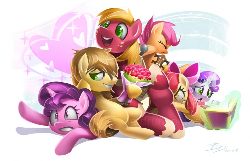 banjo_(instrument) female feral group heart_symbol horn musical_instrument plucked_string_instrument simple_background string_instrument imdrunkontea friendship_is_magic hasbro my_little_pony mythology apple_bloom_(mlp) big_macintosh_(mlp) feather_bangs_(mlp) scootaloo_(mlp) sugar_belle_(mlp) sweetie_belle_(mlp) equid equine horse mammal mythological_creature mythological_equine pony unicorn 2017