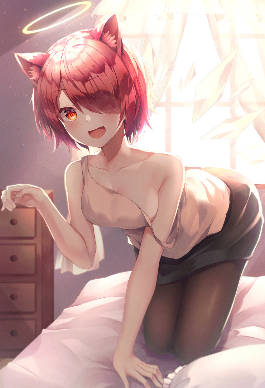 bed blush bottomwear breasts clothed clothing curtains feathered_wings feathers female furniture glowing glowing_halo hair halo inside legwear looking_at_viewer on_bed open_mouth pantyhose paw_pose pose red_hair short_hair skirt smile solo window wings gyungsin arknights hypergryph studio_montagne exusiai_(arknights) angel angel_humanoid animal_humanoid felid felid_humanoid humanoid mammal mammal_humanoid winged_humanoid 2020 absurd_res hi_res