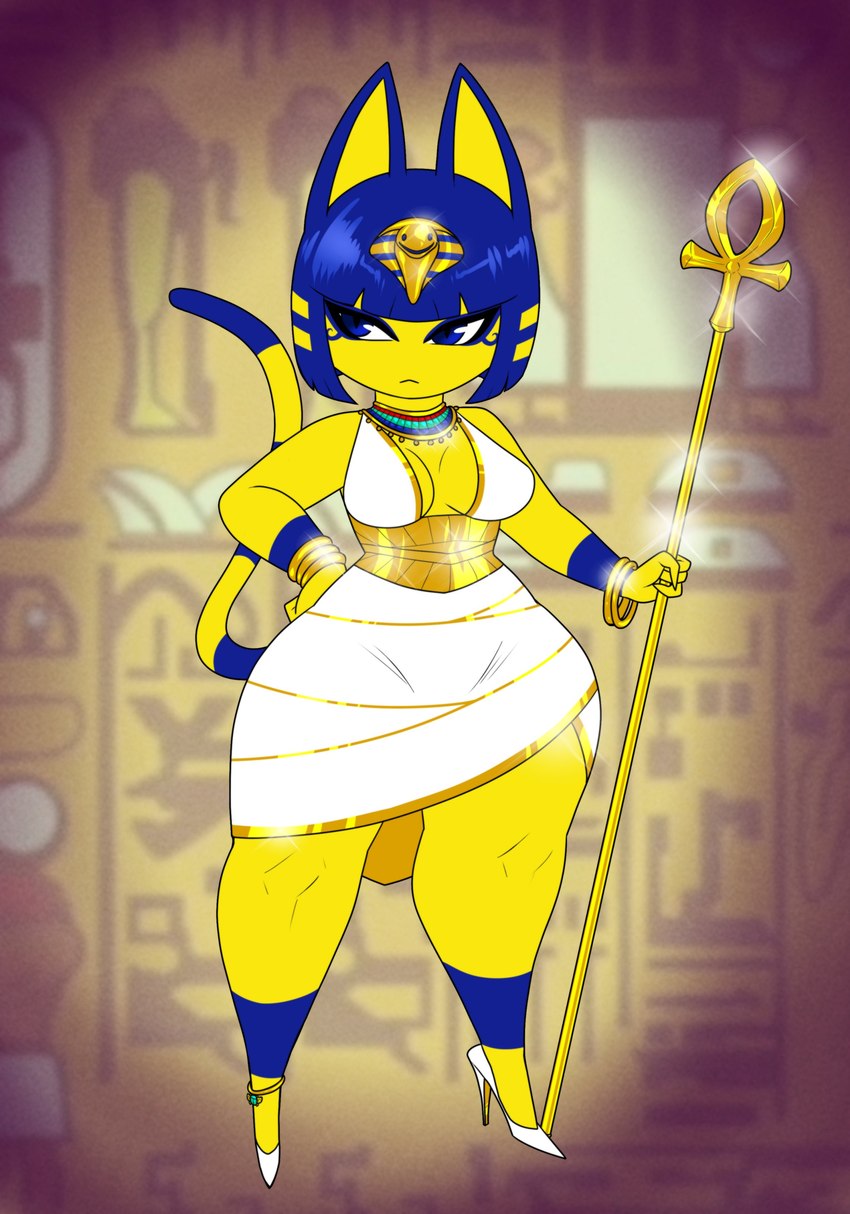 ankh anklet anthro blue_eyes blue_hair bracelet breasts cleavage clothed clothing curvy_figure detailed_background dress egyptian egyptian_clothing eye_of_horus female footwear glint hair hand_on_hip hieroglyphics high_heels jewelry jewelry_glint necklace pumps scepter shoes small_waist solo sparkles thick_thighs wide_hipped_female wide_hips yellow_body crovirus animal_crossing nintendo ankha_(animal_crossing) felid feline mammal absurd_res hi_res