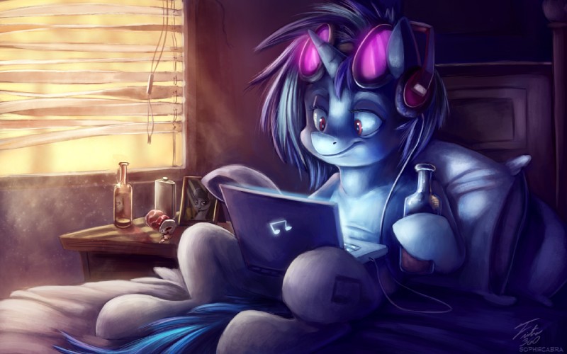 bed blue_hair bottle can computer container cutie_mark detailed_background electronics eyewear female feral furniture glasses hair headphones hip_flask horn laptop photo pillow purple_eyes solo sunglasses window sophiecabra tsitra360 friendship_is_magic hasbro my_little_pony mythology octavia_(mlp) vinyl_scratch_(mlp) earth_pony equid equine horse mammal mythological_creature mythological_equine pony unicorn 16:10 2015 widescreen