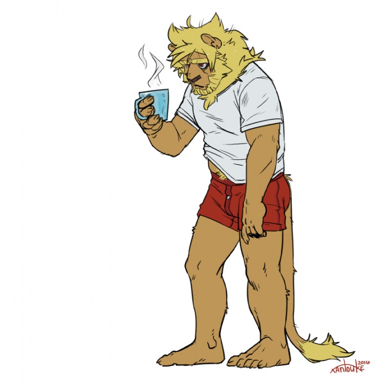 anthro barefoot biped blush boxers_(clothing) clothing coffee_mug feet grumpy male mane shirt simple_background solo standing t-shirt tired topwear underwear waking_up white_background xantouke jaryl_(character) felid lion mammal pantherine flat_colors full-length_portrait portrait signature