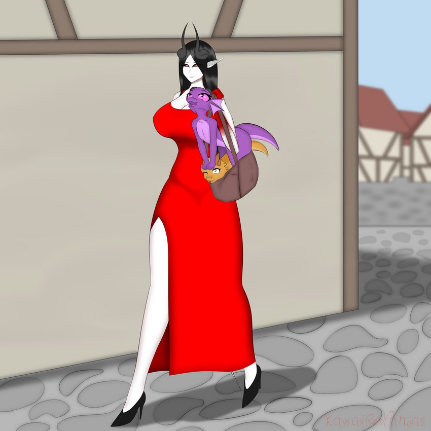 anthro big_breasts black_hair black_sclera breasts clothed clothing dress female footwear green_eyes group hair high_heels horn humanoid_pointy_ears male male/female orange_body orange_scales pointy_ears public purple_body purple_scales purple_tongue red_clothing red_dress red_eyes scales shoes smile tail tongue trio walking white_body white_skin kawaiiredpandas plum_(plumbold) velzithen_(kawaiiredpandas) zak_gem demon humanoid kobold scalie 1:1 absurd_res hi_res