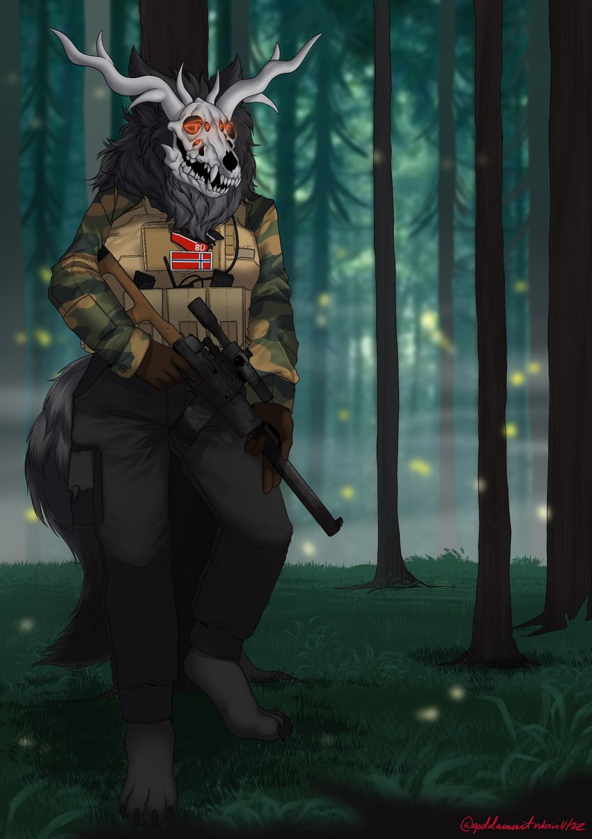 6_eyes anthro antlers armor black_body black_fur bone breasts camo clothed clothing detailed_background female fluffy fog forest fur grass grey_body grey_fur gun horn multi_eye norway norway_flag orange_eyes paws plant plate_armor plate_carrier ranged_weapon rifle sharp_teeth skull skull_head solo teeth tree vss_vintorez weapon goddamnitrobin american_mythology bad_dragon indigenous_north_american_mythology mythology north_american_mythology hissukka arthropod beetle elateroid firefly insect mammal monster wendigo absurd_res digital_media_(artwork) hi_res