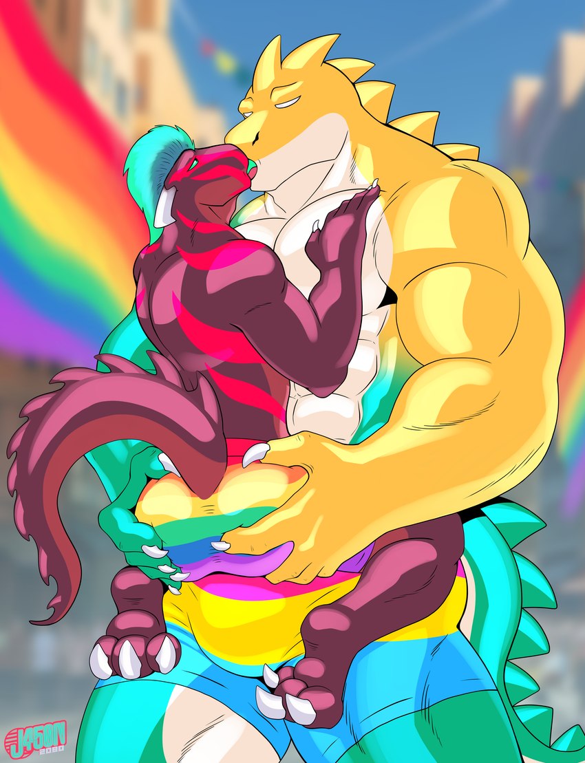 anthro barazoku big_dom_small_sub bulge clothing dominant duo french_kissing hand_on_butt kissing lgbt_pride male male/male muscular outside pansexual_pride_colors parade pride_colors public rainbow_pride_colors six-stripe_rainbow_pride_colors size_difference tail underwear j450n2080 glitch_productions lgbt_pride_month mythology the_amazing_digital_circus graker gummigoo_(tadc) crocodile crocodilian dragon mythological_creature mythological_scalie reptile scalie absurd_res hi_res