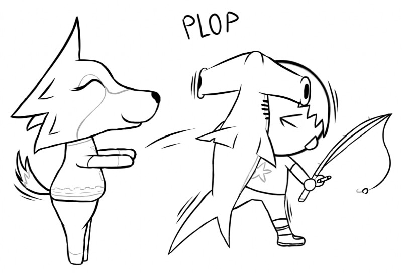 clothed clothing duo female fin fishing_rod fluffy fluffy_tail fur hair male simple_background smile standing tail text dullpoint animal_crossing nintendo freya_(animal_crossing) villager_(animal_crossing) canid canine canis fish ground_shark hammerhead_shark human mammal marine shark wolf 2019 digital_media_(artwork) monochrome