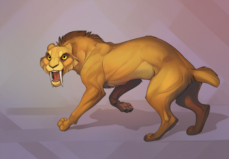 ambiguous_gender detailed_background feral open_mouth paws simple_background solo standing teeth tongue yellow_eyes yulliandress felid mammal prehistoric_species saber-toothed_tiger 2019 digital_media_(artwork)