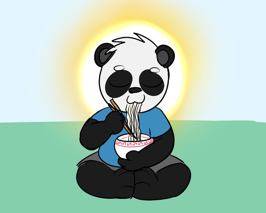 anthro chopsticks clothed clothing food fur male noodles sitting solo sun young young_anthro pokefound da_silva jun_(pokefound) bear giant_panda mammal 5:4 hi_res