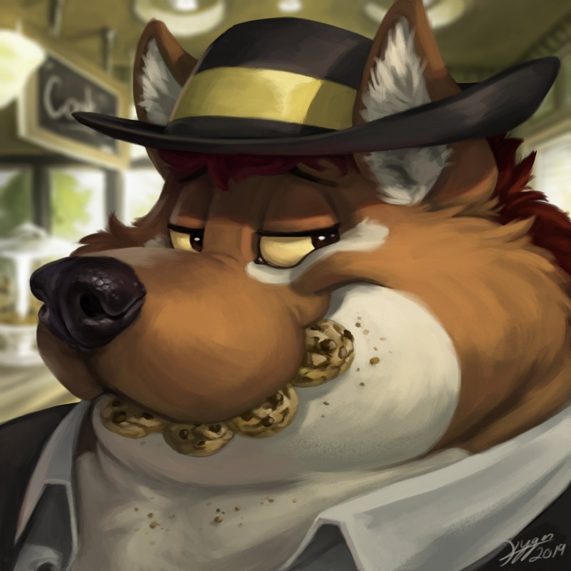 anthro brown_body brown_fur chubby_cheeks clothed clothing cookie eating food fur hair hat headgear headwear inside male overweight overweight_anthro overweight_male red_hair smile solo white_body white_fur kygen canid canine canis mammal wolf 1:1 absurd_res headshot_portrait hi_res icon portrait signature