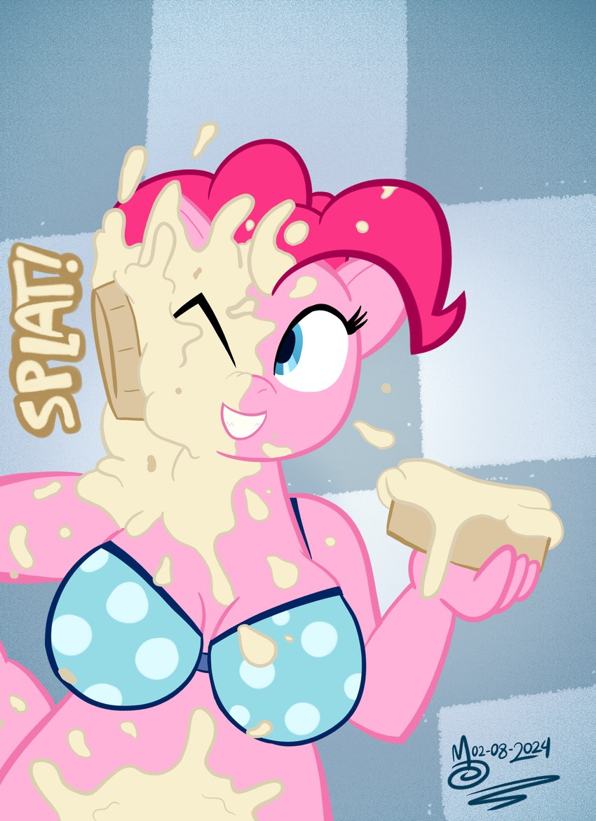 anthro belly bikini bikini_top clothing female food food_fetish messy onomatopoeia overweight pastry pie_in_face polka_dot_bikini polka_dots slightly_chubby slightly_chubby_female solo sound_effects swimwear text two-piece_swimsuit wam sebaku friendship_is_magic hasbro my_little_pony pinkie_pie_(mlp) equid equine mammal absurd_res english_text half-length_portrait hi_res huge_filesize portrait