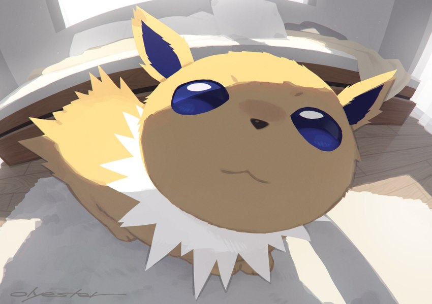 ambiguous_gender bed bedroom black_nose blue_eyes carpet close-up feral fur furniture inside looking_at_viewer solo text white_body white_fur yellow_body yellow_fur olyester nintendo pokemon eeveelution generation_1_pokemon jolteon pokemon_(species) 2025 artist_name