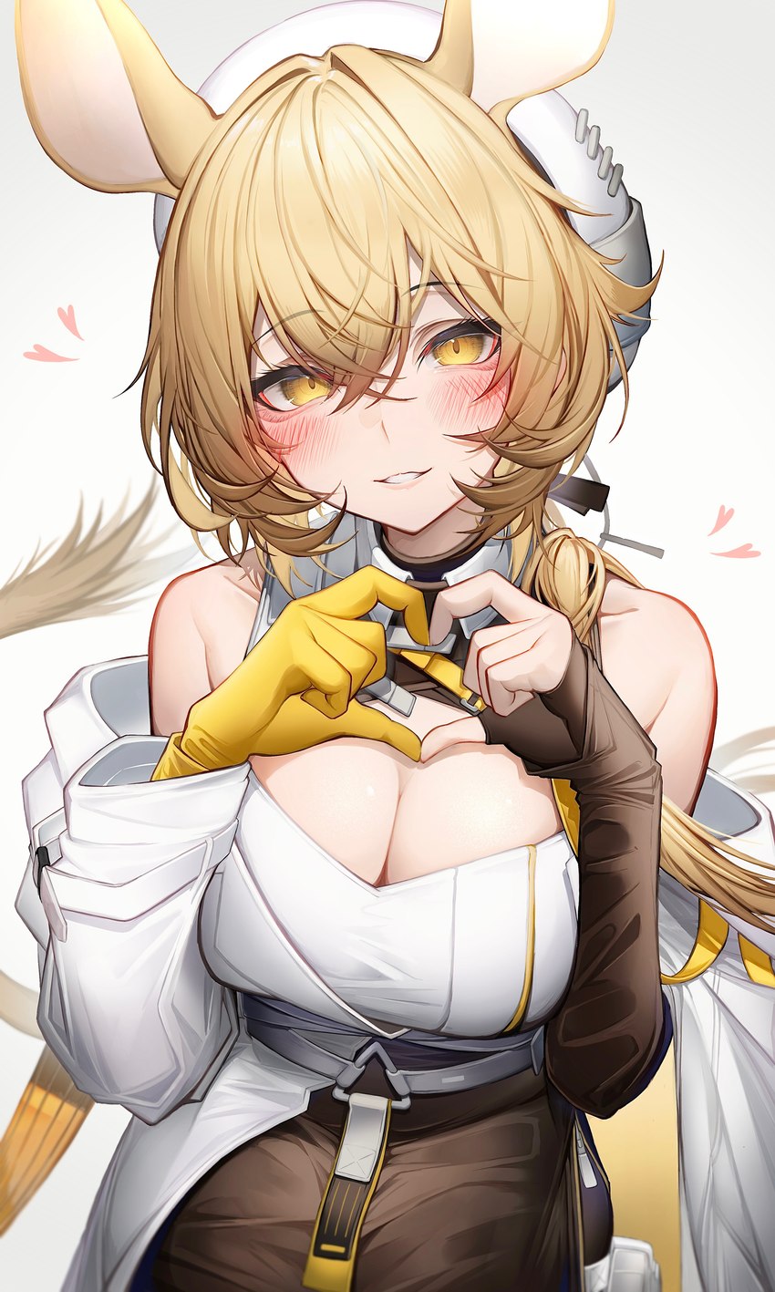 big_breasts blonde_hair blush breasts cleavage cleavage_cutout clothed clothing cutout female fingerless_gloves gesture gloves hair handwear hat headgear headwear heart_gesture heart_symbol jacket looking_at_viewer simple_background solo tail topwear white_background yellow_eyes tabhead arknights hypergryph studio_montagne dorothy_(arknights) animal_humanoid humanoid jerboa_humanoid mammal mammal_humanoid rodent rodent_humanoid 2024 3:5 absurd_res hi_res