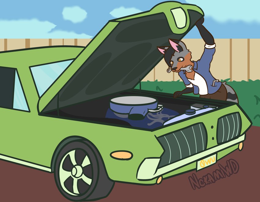 anthro car clothed clothing engine jacket male simple_background solo tools topwear vehicle wrench wrench_in_mouth nokamiwd khaine_(khainethewolf) canid canine canis hybrid mammal procyonid raccoon wolf hi_res