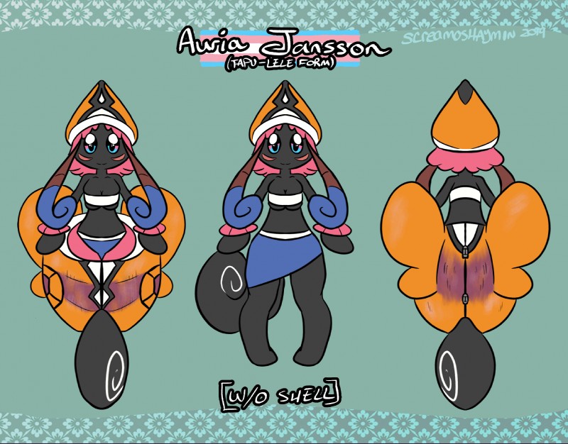 alternate_species antennae_(anatomy) anthro anthrofied bottomwear breast_squish breasts clothing curled_tail female hair lgbt_pride looking_at_viewer multicolored_eyes pink_hair pride_colors shell short_hair simple_background skirt solo squish tail text topwear transgender_pride_colors tube_top screamoshaymin nintendo pokemon auria_jansson generation_7_pokemon legendary_pokemon pokemon_(species) tapu_lele 2019 character_name english_text hi_res model_sheet gynomorph_(lore) trans_(lore) trans_woman_(lore)