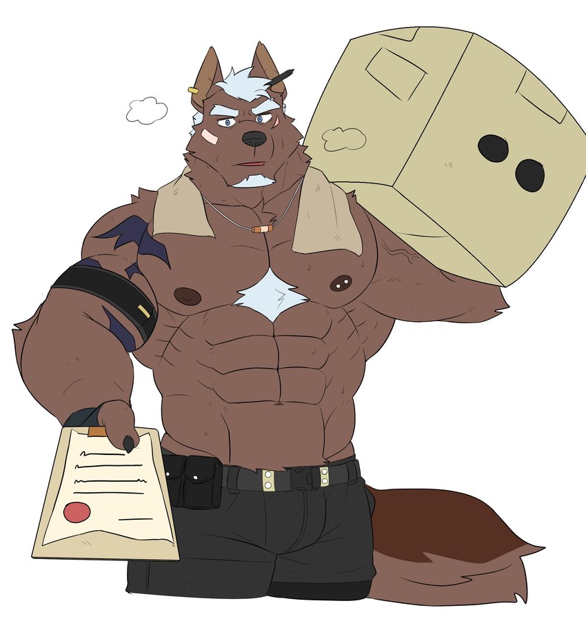 abs anthro arm_tattoo armband asking_viewer barbell_piercing belt biceps black_belt black_bottomwear black_clothing black_pants blue_eyes bodily_fluids bottomwear box brown_body brown_fur chest_tuft clipboard clothing container ear_piercing ear_ring facial_hair fur goatee hair holding_box holding_clipboard holding_container holding_object jewelry male muscular muscular_anthro muscular_male navel necklace nipple_barbell nipple_piercing nipples obliques pants pecs pencil_(object) pencil_behind_ear piercing ring_piercing serratus shirtless shoulder_tattoo solo sweat tattoo towel towel_around_neck tuft utility_belt vein veiny_muscles white_hair black-kun hugo_(blackclownowo) canid canine canis domestic_dog mammal 2022 hi_res