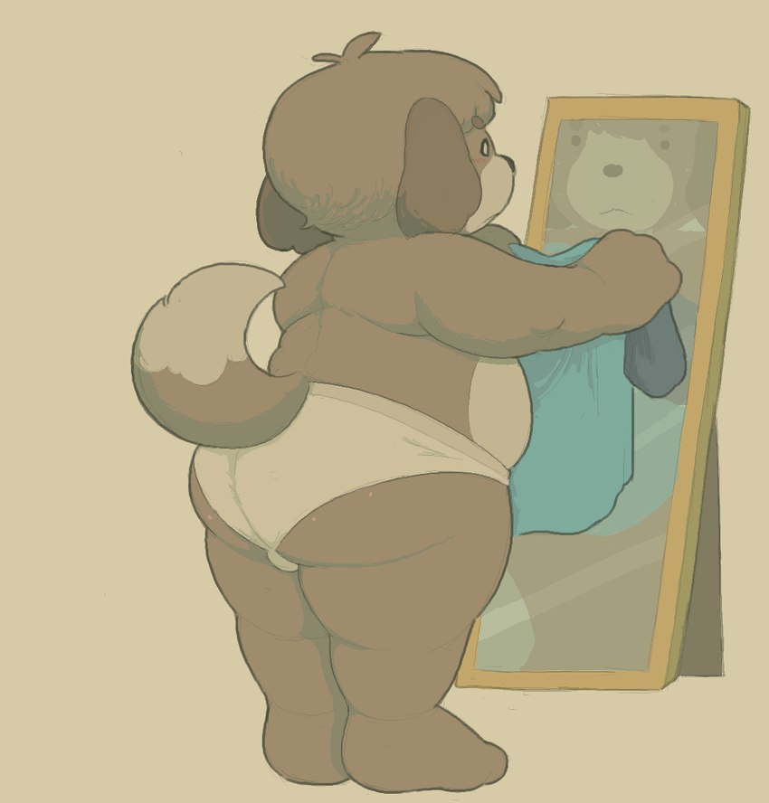 ahoge anthro belly big_butt black_nose briefs briefs_only brown_body brown_fur brown_hair butt closed_frown clothed clothing dipstick_tail dressing empty_eyes eyebrow_through_hair eyebrows feet floppy_ears freckled_butt freckles frown fur hair holding_clothing holding_object holding_shirt holding_topwear male markings mirror mouth_closed multicolored_body multicolored_fur overweight overweight_anthro overweight_male reading shirt short short_hair simple_background snout solo standing tail tail_markings tan_background tan_body tan_fur thick_thighs three-quarter_view toes topless topwear translucent translucent_hair two_tone_body two_tone_fur underwear underwear_only white_briefs white_clothing white_eyes white_underwear cafongterua animal_crossing nintendo digby_(animal_crossing) canid canine canis domestic_dog mammal shih_tzu toy_dog 2025 cel_shading digital_media_(artwork) full-length_portrait portrait shaded
