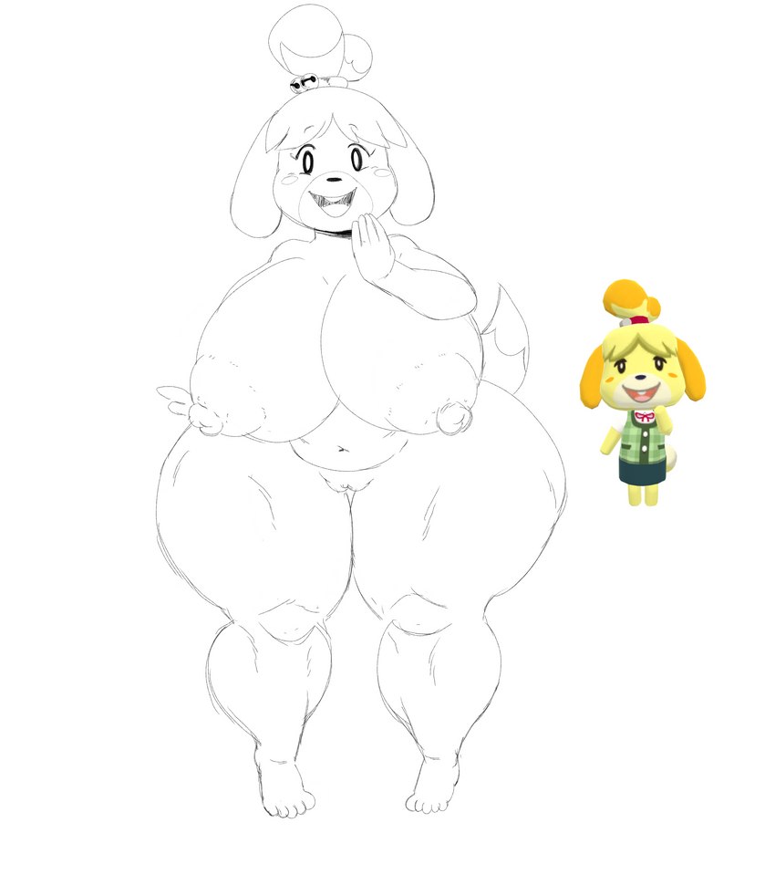 anthro belly big_breasts big_nipples breasts female front_view genitals hand_to_mouth huge_breasts huge_hips huge_thighs navel nipples nude open_mouth open_smile potbelly pussy smile solo thick_thighs venus_figure wide_hips olozva animal_crossing nintendo isabelle_(animal_crossing) canid canine canis domestic_dog mammal absurd_res digital_media_(artwork) full-length_portrait hi_res line_art portrait sketch