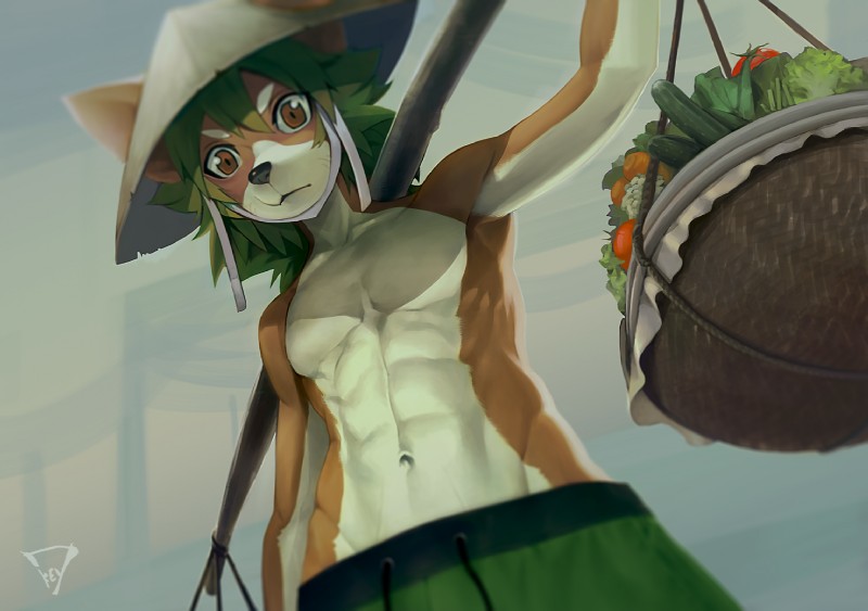 abs anthro asian_conical_hat athletic athletic_male basket bottomwear brown_body brown_eyes brown_fur carrot carrying_pole clothed clothing container cucumber food front_view fruit fur green_hair hair hat headgear headwear lettuce looking_at_viewer looking_down looking_down_at_viewer low-angle_view male muscular muscular_anthro muscular_male navel pecs plant rope shorts solo standing tomato topless v-cut vegetable yoke_pose kiske_7key mammal 2017 signature