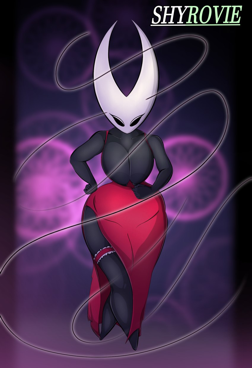abstract_background anthro areola bedroom_eyes big_areola big_breasts biped black_body black_nipples breasts clothing clothing_pull dress dress_pull featureless_feet feet female front_view huge_breasts huge_hips legband looking_at_viewer narrowed_eyes nipples non-mammal_breasts non-mammal_nipples presenting presenting_breasts seductive small_waist solo text thighband topwear_down void_eyes wasp_waist wide_hips shyrovie hollow_knight team_cherry hornet_(hollow_knight) arachnid arthropod spider artist_name hi_res