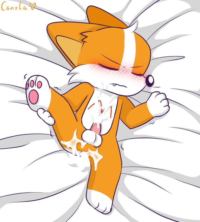 anthro bed blush blush_lines bodily_fluids cum cum_on_body erection eyes_closed fangs fur furniture genital_fluids genitals hand_on_leg lying lying_on_bed male male/male on_back on_bed orange_body orange_fur pawpads penis raising_leg red_blush small_penis solo teeth white_body white_fur canola woshixiaomo xiaomo canid canine canis domestic_dog herding_dog mammal pastoral_dog welsh_corgi signature