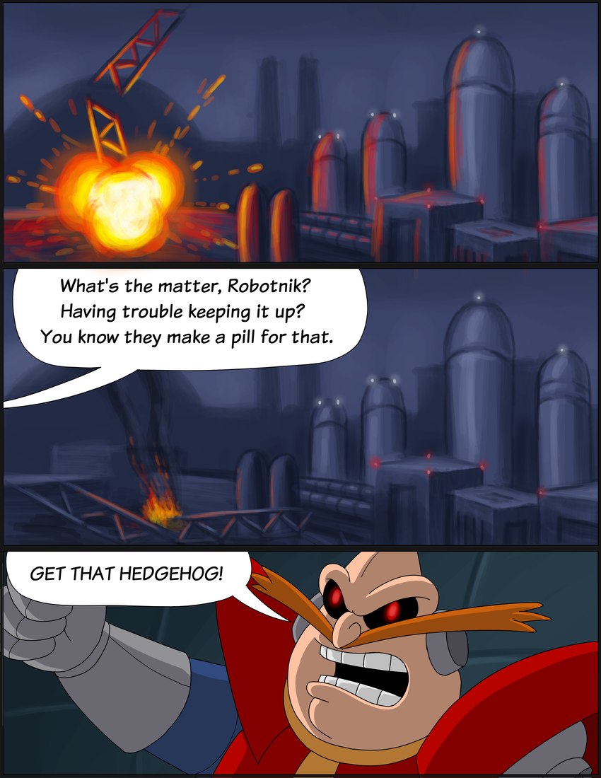 angry bombing city cityscape destruction dialogue dystopian explosion fire innuendo male not_furry_focus radio_tower red_eyes robotic_arm sabotage solo text omatic archie_comics sega sonic_the_hedgehog_(archie) sonic_the_hedgehog_(comics) sonic_the_hedgehog_(satam) sonic_the_hedgehog_(series) julian_robotnik human mammal absurd_res comic english_text hi_res