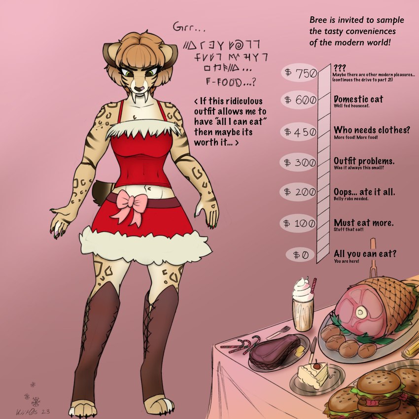 accessory anthro beef belly beverage bottomwear bow_accessory bow_ribbon braided_hair braided_ponytail bread breasts burger butter cake candy candy_cane cherry christmas_clothing claws clothed clothing cutlery dairy_products dessert dialogue digitigrade donation_drive fangs female festive food fork fruit fur fur_pattern furniture growth_drive hair ham holidays kitchen_utensils knife legwear looking_down meat midriff milkshake miniskirt navel painted_claws paws plant ponytail pork red_clothing ribbons simple_background skirt solo standing steak stuffing table tail teeth text tools topwear weight_gain_drive kiit0s christmas bree_(kiit0s) felid feline mammal prehistoric_species saber-toothed_tiger smilodon 1:1 digital_media_(artwork) english_text hi_res