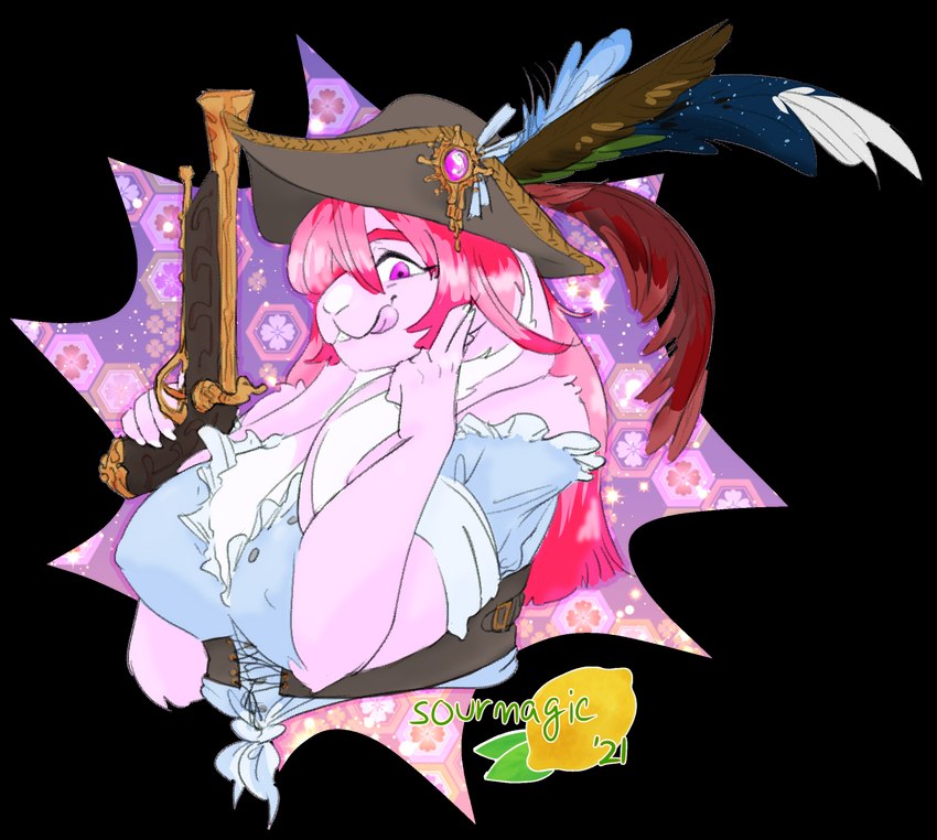 anthro breasts cleavage clothed clothing feathers female flintlock flintlock_pistol floppy_ears fur grin gun hair nipple_outline pink_body pink_fur pink_hair pirate pirate_hat pirate_outfit purple_eyes ranged_weapon smile solo tongue tongue_out weapon sourmagic petunia_bund lagomorph leporid mammal rabbit alpha_channel