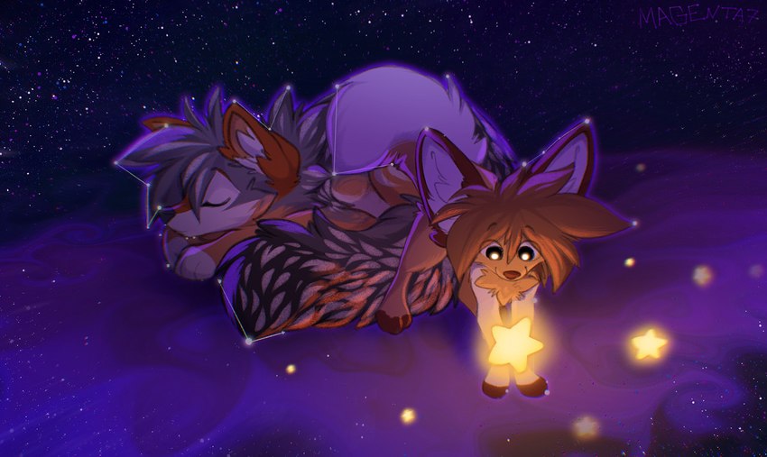 ambiguous_gender brown_body brown_fur brown_hair detailed_background duo female feral fur hair night outside sky smile star starry_sky magenta7 fhyra magenta_(magenta7) canid canine canis fennec_fox fox jackal mammal true_fox 2022 digital_media_(artwork)