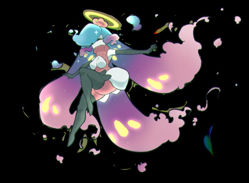 armwear big_breasts black_background breasts clothing cosmic_hair covered_mouth elbow_gloves ethereal_hair exposed_breasts featureless_breasts featureless_feet feet female floating fusion gloves hair halo handwear high_boots long_hair looking_at_viewer not_furry pokemon_fusion simple_background solo sparkles yellow_eyes kurae nintendo pokemon celeste_(reapcreates831) cosmog generation_7_pokemon humanoid legendary_pokemon pokemon_(species) tsareena 2022 hi_res