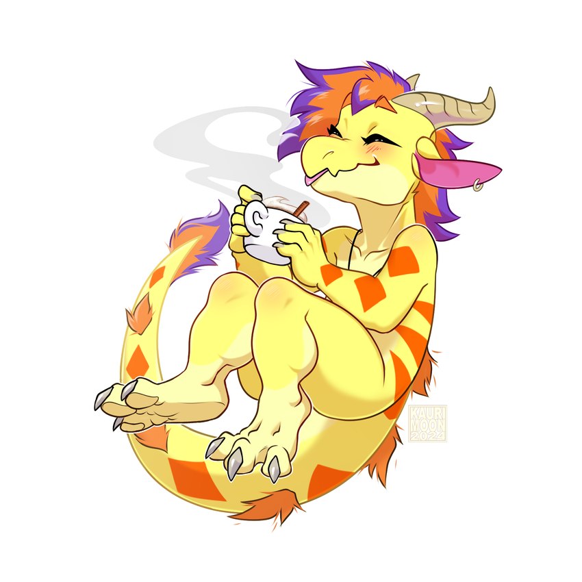 3_toes anthro beverage blep blush chibi claws container cup ear_piercing feet hair narrowed_eyes piercing smile solo tail toes tongue tongue_out kaurimoon mythology alcitron dragon mythological_creature mythological_scalie scalie wingless_dragon 1:1 hi_res