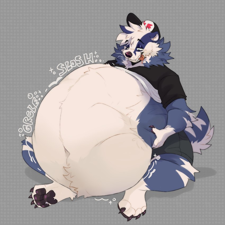 anthro belly big_belly clothing digestion_noises hat headgear headwear male male_pred oral_vore solo tongue tongue_out vore orvideuhoh badger mammal mustelid musteline 1:1 hi_res