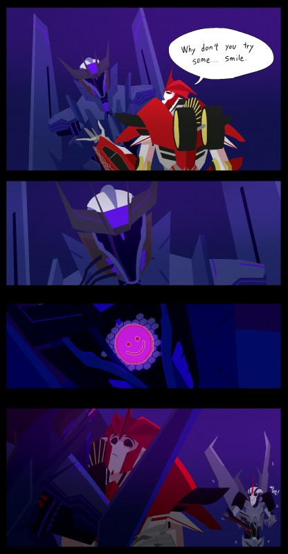 decepticon dialogue machine male not_furry open_mouth red_eyes simple_background smile speech_bubble standing text vehicle wheel wings omnia-volo hasbro takara_tomy transformers transformers:_prime transformers_aligned_continuity knock_out_(transformer) soundwave starscream cybertronian humanoid robot seeker_(transformers) absurd_res comic digital_media_(artwork) english_text hi_res