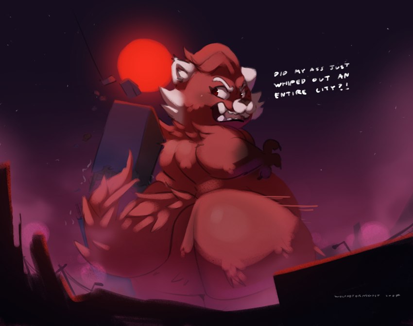 annoyed anthro big_butt blood_moon building building_destruction butt cheek_tuft destruction dialogue facial_tuft female fur head_tuft macro motion_lines night overweight red_body red_fur solo star tail text tuft dreamywolfdd disney pixar turning_red ming_lee_(turning_red) ailurid mammal red_panda 2024 english_text signature