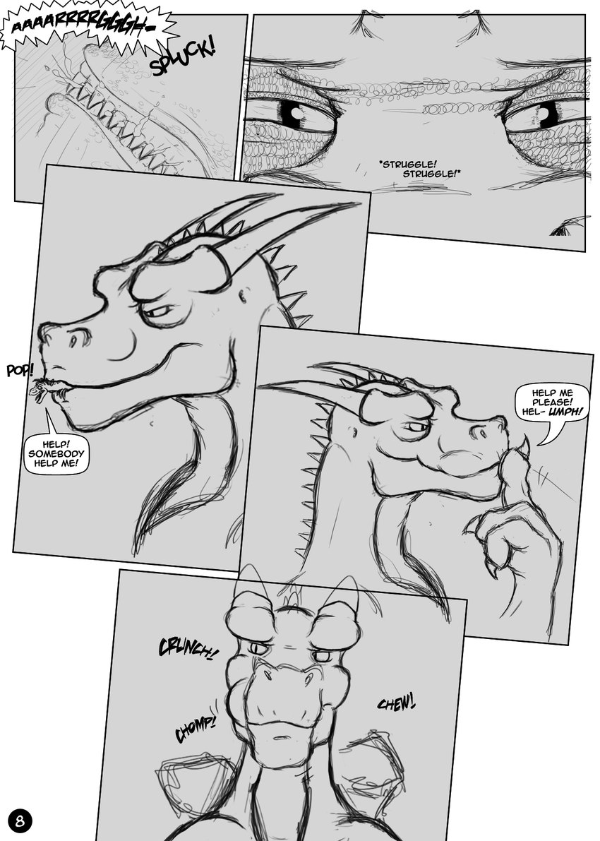 anthro chewing crunching duo extreme_size_difference feral hard_vore larger_feral male male/male micro_in_mouth size_difference smaller_anthro speech_bubble text vore ahastar_(artist) diablo_the_rex european_mythology mythology ahastar bolt_(diablo_the_rex) deinonychus dinosaur dragon dromaeosaurid mythological_creature mythological_scalie prehistoric_species reptile scalie theropod western_dragon 2013 artist_collaboration comic english_text greyscale hi_res monochrome