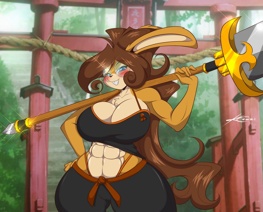 abs anthro athletic athletic_female big_breasts blush breasts brown_hair buckteeth cleavage clothed clothing eyewear female giant_sword glasses hair long_hair looking_at_viewer melee_weapon mountain_range shirt smile smiling_at_viewer solo sword tank_top teeth topwear weapon mastergodai lagomorph leporid mammal rabbit 2021