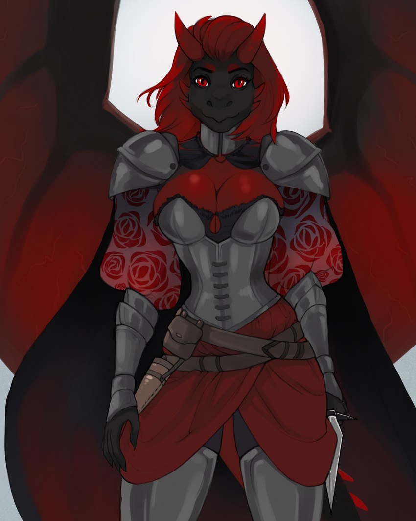 anthro armor belly belt belt_buckle black_body bottomwear breasts buckle bustier calm cape choker claws cleavage clothed clothing corset dagger female hair horn jewelry lingerie looking_content melee_weapon membrane_(anatomy) membranous_wings necklace plate_armor pouch_(clothing) red_belly red_eyes red_hair red_horn red_wings simple_background skirt solo tail topwear weapon wings nastynatalie dungeons_and_dragons hasbro mythology sigma_au wizards_of_the_coast zola_(etrius_van_randr) black_dragon_(dnd) dragon dragon_(dnd) mythological_creature mythological_scalie scalie 4:5 hi_res