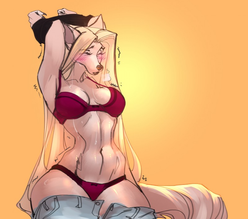 anthro big_breasts blush bodily_fluids bra breasts clothing female panties solo sweat underwear undressing qrichy alicia_(qrichy) canid canine mammal absurd_res hi_res