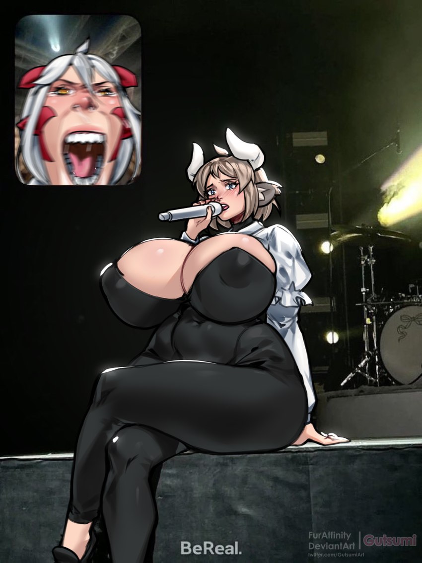 big_breasts black_bodysuit black_clothing black_skinsuit blue_eyes bodily_fluids bodysuit breasts brown_hair cleavage clothed clothing crossed_legs curvy_figure duo electronics eyelashes female hair holding_microphone holding_object horn huge_breasts microphone monster_girl_(genre) navel night nipple_outline open_mouth orange_eyes red_horn screaming sitting skinsuit tears teeth text thick_thighs tight_clothing tongue voluptuous white_clothing white_hair white_horn wide_hips gutsumi fan_screaming_at_madison_beer_performance mythology molly_(randomtanstudio) ryu_(randomtanstudio) animal_humanoid bovid bovid_humanoid bovine bovine_humanoid cattle_humanoid dragon dragon_humanoid humanoid mammal mammal_humanoid mythological_creature mythological_scalie scalie artist_name english_text hi_res