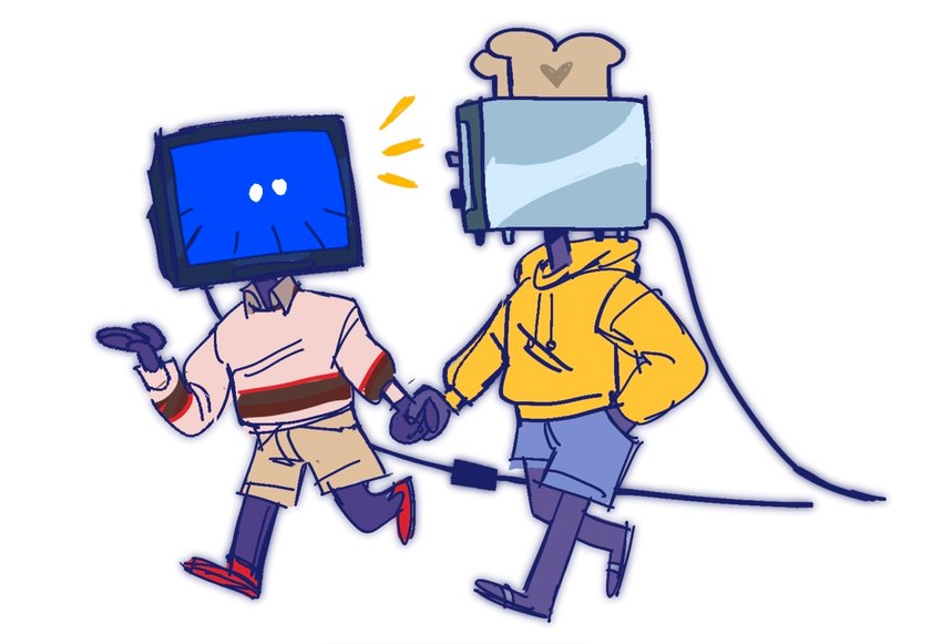 appliance bottomwear bread clothing duo electronics emanata food for_a_head hand_holding heart_symbol hoodie kitchen_appliance machine male male/male screen screen_face shorts television toast toaster topwear walking saintlycharles bloo_(clicker) animate_inanimate humanoid object_head robot robot_humanoid screen_head toaster_head tv_head 2021 hi_res