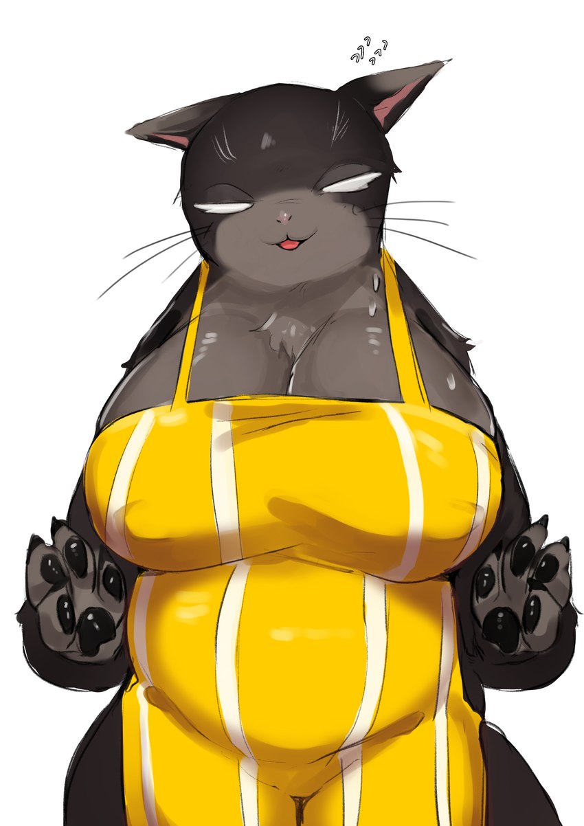 anthro apron apron_only belly big_breasts biped black_body black_fur breasts chuckling cleavage clothed clothing crossgender empty_eyes female front_view fur grey_body grey_fur huge_breasts mtf_crossgender narrowed_eyes nipple_outline open_mouth pawpads simple_background solo white_background white_eyes menyang the_masterful_cat_is_depressed_again_today yukichi domestic_cat felid feline felis mammal absurd_res hi_res