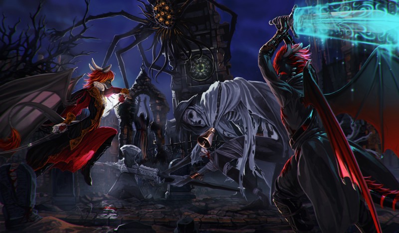 anthro clothed clothing detailed_background hair membrane_(anatomy) membranous_wings night outside red_hair tail wings fruitbloodmilkshake bloodborne european_mythology fromsoftware mythology sony_corporation sony_interactive_entertainment healing_church_member_(bloodborne) the_hunter_(bloodborne) alien alien_humanoid amygdala_(bloodborne) church_giant_(bloodborne) dragon eldritch_abomination great_ones_(bloodborne) humanoid monster monstrous_humanoid mythological_creature mythological_scalie reptile scalie western_dragon 2018 digital_media_(artwork) hi_res