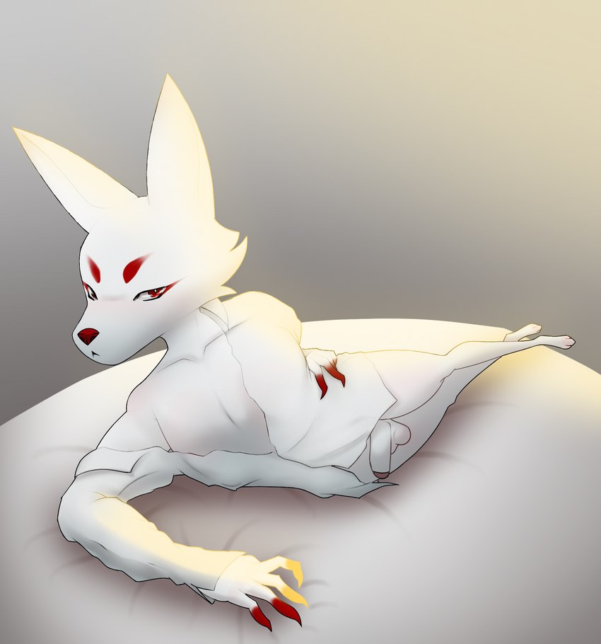 anthro balls bed bedroom_eyes big_ears femboy flaccid furniture genitals light lying male narrowed_eyes penis seductive slim solo waiting monarch_com canid canine fox mammal hi_res lighting