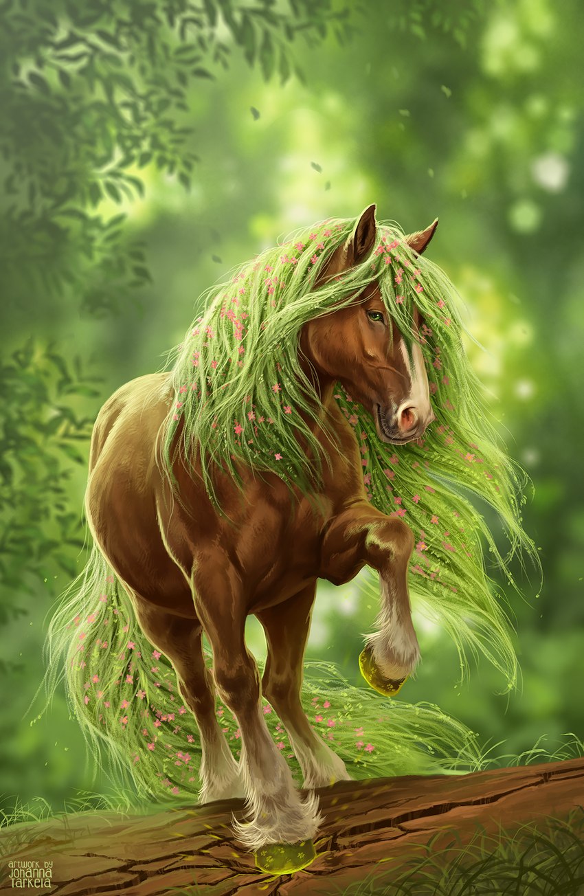 ambiguous_gender brown_body brown_fur day detailed_background feral flower_in_mane flower_in_tail fur grass green_eyes green_hooves green_mane green_tail hooves leaf looking_at_viewer mane nature nature_background outside photorealism plant raised_hoof snout solo standing tail unguligrade johis moonlight_riders elemental_creature equid equine flora_fauna horse mammal 2021 adobe_photoshop_(artwork) book_cover cover digital_media_(artwork) digital_painting_(artwork) green_theme hi_res official_art shaded