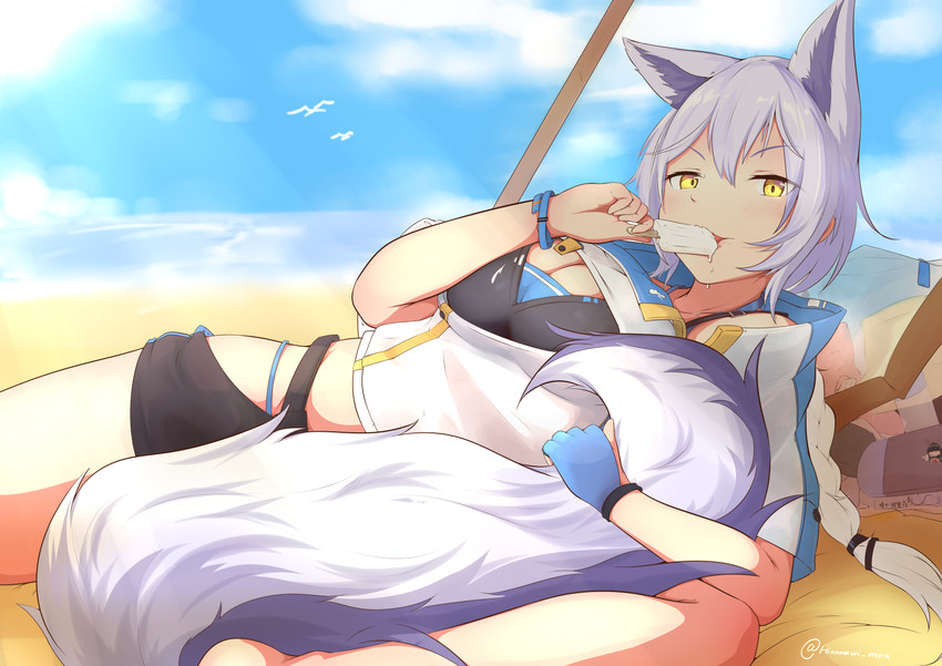 beach belt breasts clothing cloud day dessert eating female food gloves hand_on_tail handwear ice_cream lying outside seaside solo tail yellow_eyes hinanawi_mika arknights hypergryph studio_montagne provence_(arknights) animal_humanoid canid canid_humanoid humanoid mammal mammal_humanoid 2020 absurd_res hi_res