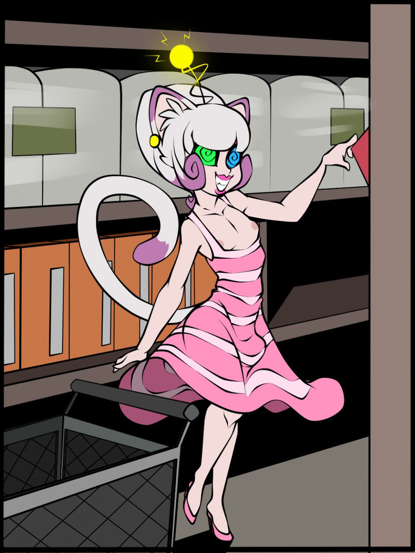 antennae_(anatomy) bangs beehive_(hairstyle) black_antennae bulge cat_tail closed_smile clothed clothing crossdressing curled_tail curvy_figure dipstick_ears dipstick_tail dress ear_markings ear_piercing femboy fingers footwear front_view grey_ears grey_hair grey_tail hair high_heels humanoid_face humanoid_hands humanoid_nose hypnosis light lips long_tail looking_forward male markings mind_control mismatched_eyes monotone_body monotone_clothing monotone_face monotone_footwear monotone_high_heels monotone_shoes monotone_skin mouth_closed multicolored_antennae multicolored_clothing multicolored_dress multicolored_ears multicolored_hair multicolored_tail nipple_slip nipples on_one_leg pale_skin pattern_clothing pattern_dress pecs piercing pink_clothing pink_dress pink_ears pink_footwear pink_high_heels pink_lips pink_nipples pink_shoes public purple_ears purple_hair purple_tail shadow shelf shoes shopping shopping_cart slim small_waist smile solo spiral_eyes standing stepfordization store straight_bangs striped_clothing striped_dress stripes tail tail_markings teeth thin_tail three-quarter_view two_tone_antennae two_tone_clothing two_tone_dress two_tone_hair two_tone_tail wide_hips yellow_antennae lavenderrose animal_humanoid cat_humanoid felid felid_humanoid feline feline_humanoid humanoid mammal mammal_humanoid 3:4 full-length_portrait hi_res portrait